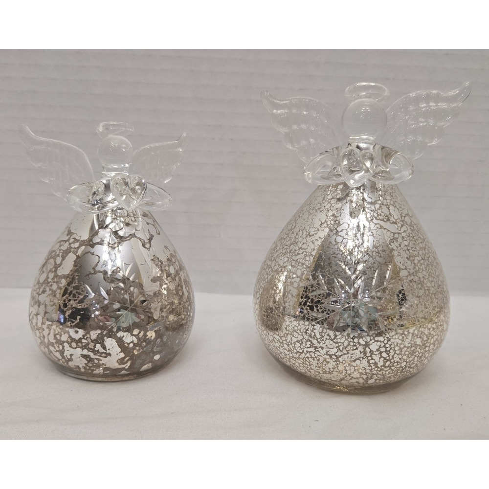 Pier 1 Imports Set of 2 Light-Up LED Mercury Glass Angels With Timer Box VGC